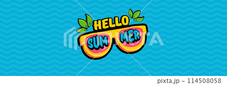 Super Hello summer vector banner with text and retro yellow sunglasses isolated on blue water background. Hello summer poster design template with cartoon sunglasses, beach, water pool , summer vibe 114508058