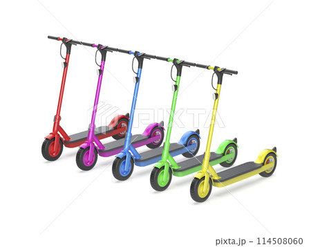 Row with five electric scooters with different colors 114508060