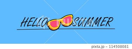 Super Hello summer vector banner with text and retro yellow sunglasses isolated on blue water background. Hello summer poster design template with cartoon sunglasses, beach, water pool , summer vibe 114508081