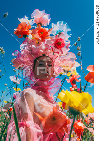 A woman is wearing a pink flowery headdress and standing in a field of flowers 114508089