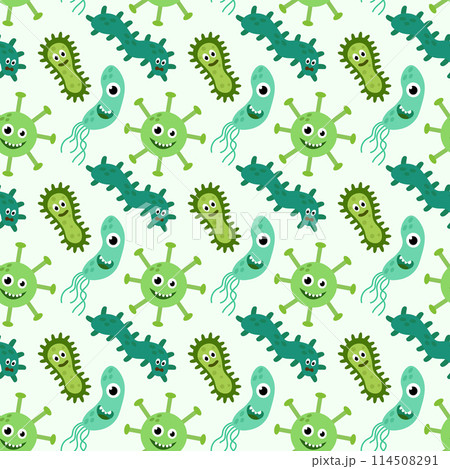 Seamless Pattern with Cute cartoon characters virus, bacteria, microbe. Microbiology organisms funny face wallpaper. Mascot expressing emotion background. Vector children illustration in flat design. 114508291