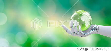 Globe crystal glass ball in robot hand. Green background with bokeh. Artificial Intelligence, World mental health and World earth day. Saving environment and World Ecology Concept. 114508362