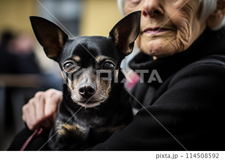An elderly woman with a dog. An elderly woman holds a puppy on the street. A cheerful elderly pensioner woman with wrinkles smiles while hugging her dog. She loves spending time with her pet 114508592