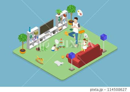 3D Isometric Flat Vector Illustration of Calm Father, Dad in Chaos 114508627