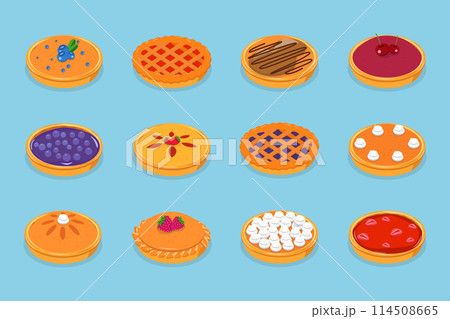 3D Isometric Flat Vector Set of Homemade Pies, Home Bakery and Pastry 3D Isometric Flat Vector Set of Homemade Pies, Home Bakery and Pastry 114508665