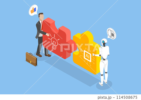 3D Isometric Flat Vector Illustration of Human and AI Working Together, Artificial Intelligence Collaboration 114508675