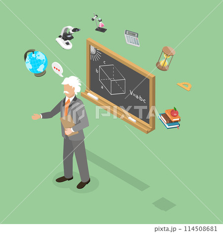 3D Isometric Flat Vector Illustration of School Educator, Chalkboard and Teacher 114508681