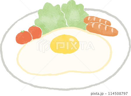 手描き風のサラダとウインナーが入った目玉焼きのイラスト 手描き風のサラダとウインナーが入った目玉焼きのイラスト 114508797