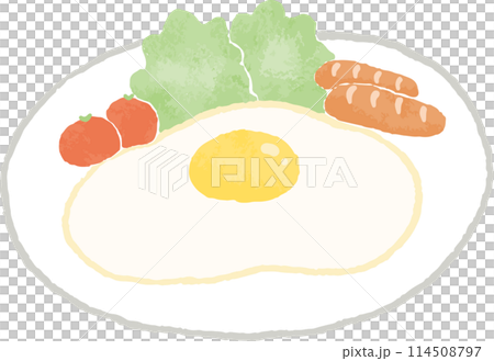 手描き風のサラダとウインナーが入った目玉焼きのイラスト 手描き風のサラダとウインナーが入った目玉焼きのイラスト 114508797