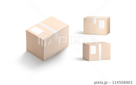 Blank white shipping label on craft box mockup, different sides Blank white shipping label on craft box mockup, different sides 114508901