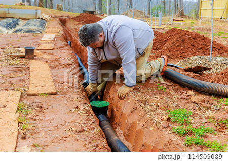 Storm drainage drain pipe installing into trench drain with for draining rainwater 114509089