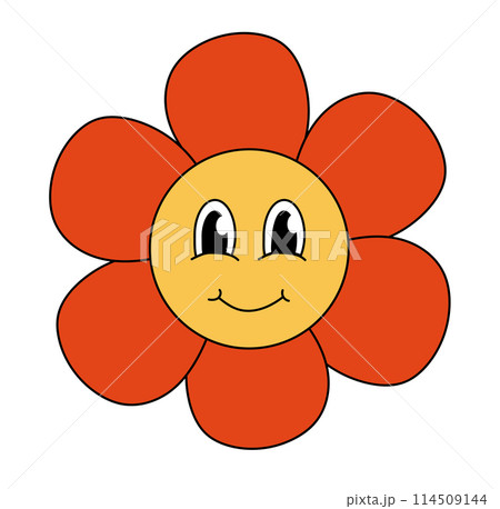 Retro 70s 60s 80s Hippie Groovy cute Red Flower. Smiling face. Flower power element. Vector illustration isolated on a white background. Retro 70s 60s 80s Hippie Groovy cute Red Flower. Smiling face. Flower power element. Vector illustration isolated on a white background. 114509144