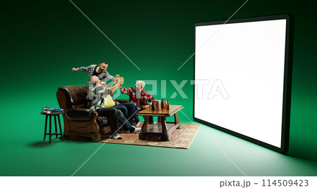 Cheers. Friends, men gathering at home to watch online football match translations, drinking beer glasses. 3D model of screen Cheers. Friends, men gathering at home to watch online football match translations, drinking beer glasses. 3D model of screen 114509423