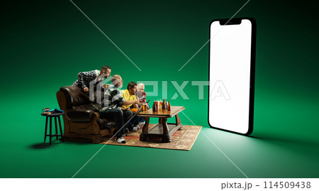 Men, friends sitting on sofa gathering at home to watching online football match translation, drink beer. 3D model of screen 114509438