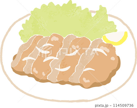 手描き風のレタスとレモンを添えた豚の生姜焼きイラスト 114509736