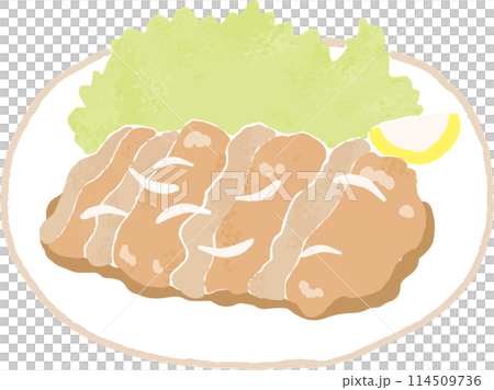 手描き風のレタスとレモンを添えた豚の生姜焼きイラスト 114509736