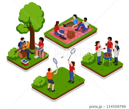 Isometric picnic barbeque composition set with families having lunch in a park and playing badminton Isometric picnic barbeque composition set with families having lunch in a park and playing badminton 114509799