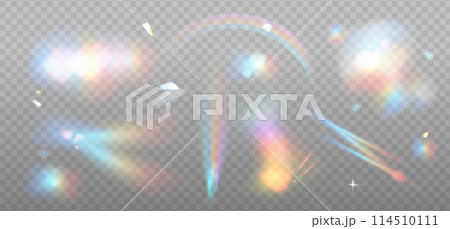 Big set of colorful lens, crystal rainbow light and flare transparent effect elements. Overlay templates. Triangular holographic glass prism concept. Vector eps10 114510111