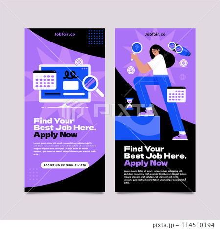 Flat job fair vertical banner template set collection with woman searching a vacant 114510194