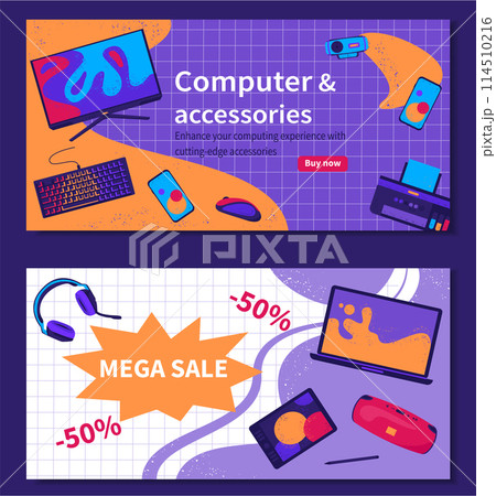 Hand drawn flat computer accessories horizontal banner template set collection 114510216