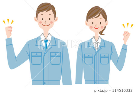 作業服を着てガッツポーズをする若い男女 114510332