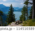 View of Attersee lake from Klettersteig mountain, Austria. Attersee Lake from alp mountain Klettersteig. Salzburgerland, Austria. 114510389