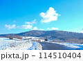 a man and a woman holding hands walk along the road against the backdrop of winter snowy mountains 114510404