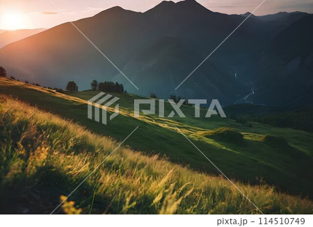 Mountain Glow: Sunset Silhouette in the Majestic Wilderness 114510749