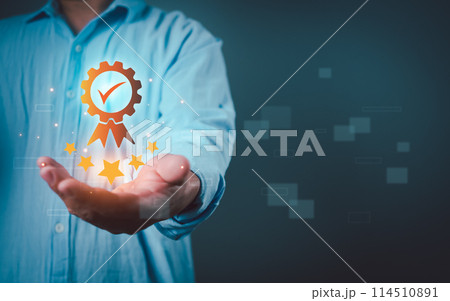 Quality Assurance Concept, Human shows the sign of the top service Quality, Guarantee, Standards, ISO certification and standardization concept, five stars, excellence service, high quality. 114510891