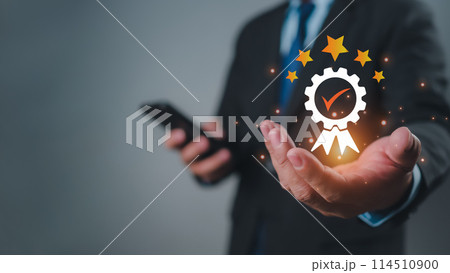 Quality Assurance Concept, Human shows the sign of the top service Quality, Guarantee, Standards, ISO certification and standardization concept, five stars, excellence service, high quality. 114510900