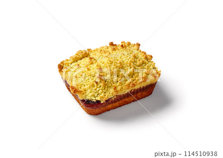 Crumble pie with berry jam filling on white backdrop 114510938