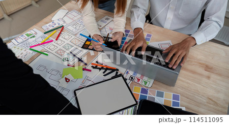 Brainstorm team of creative web graphic designer planning, Group of mobile phone app developer team meeting for share ideas about screen prototype layout for smartphone. startup planning ui and ux 114511095