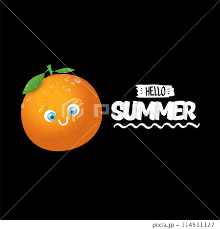 Vector Hello Summer poster and flyer Design template with fresh orange fruit isolated on black background. Hello summer concept label, text, sticker , cover poster with orange and graphic text 114511127