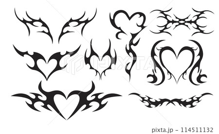 Neo tribal heart y2k aesthetic tattoo gothic cover, fire or wings abstract silhouette isolated on background. Divider, border, cyber body ornament, neotribal web goth decoration Neo tribal heart y2k aesthetic tattoo gothic cover, fire or wings abstract silhouette isolated on background. Divider, border, cyber body ornament, neotribal web goth decoration 114511132