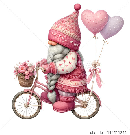 gnome with bicycle and heart shape balloons 114511252