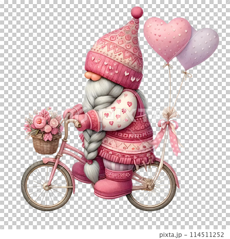 gnome with bicycle and heart shape balloons 114511252