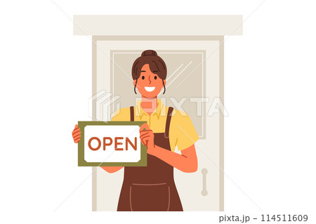 Woman waiter shows inscription open standing near door of restaurant and inviting to become visitor 114511609