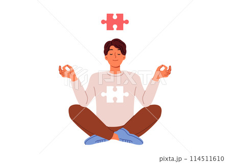 Man meditates sitting in lotus position and feels synchronization soul in form of puzzle and cosmos 114511610