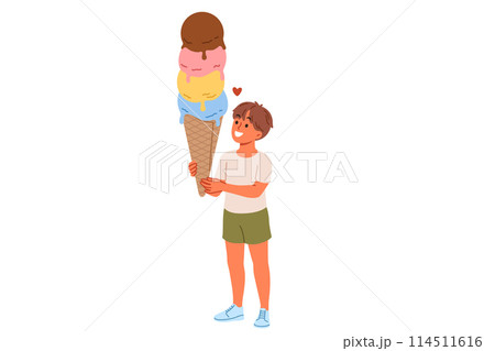 Ice cream in hands child lovingly looking at sweet dessert, allowing to cool down on hot summer day 114511616