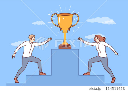 Business people are running towards gold cup at podium, trying to be first to grab award. Business people are running towards gold cup at podium, trying to be first to grab award. 114511628