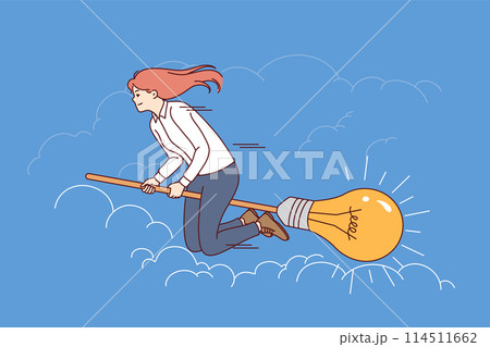 Ambitious businesswoman flies on broomstick with light bulb, symbolizing desire to fulfill idea 114511662