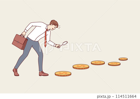 Business man looking for investment opportunities, following trail of gold coins Business man looking for investment opportunities, following trail of gold coins 114511664