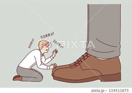 Unhappy business man asks sorry to boss, kneeling near feet of big director of corporation Unhappy business man asks sorry to boss, kneeling near feet of big director of corporation 114511673