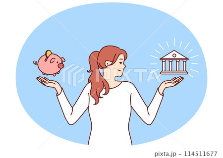 Woman chooses between bank deposit and saving money in piggy bank while planning budget Woman chooses between bank deposit and saving money in piggy bank while planning budget 114511677