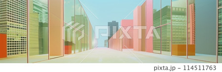 The image shows a city street with tall buildings made of glass and other materials 114511763