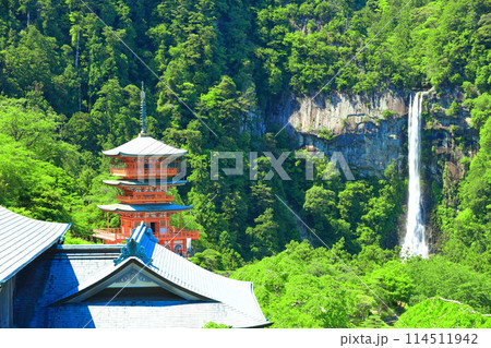 【和歌山県】快晴の青岸渡寺三重塔と那智の滝（熊野那智大社） 114511942