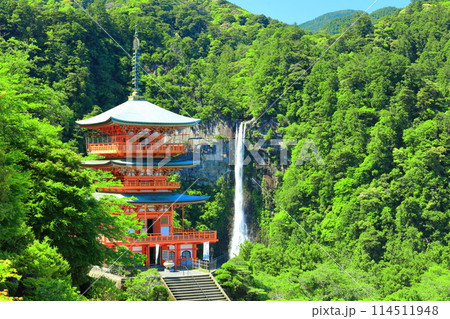 【和歌山県】快晴の青岸渡寺三重塔と那智の滝（熊野那智大社） 114511948