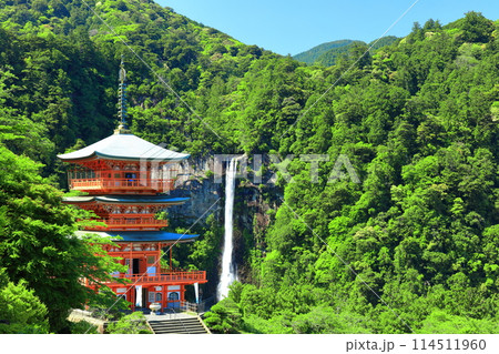 【和歌山県】快晴の青岸渡寺三重塔と那智の滝（熊野那智大社） 114511960