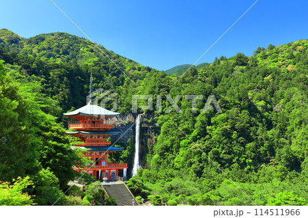 【和歌山県】快晴の青岸渡寺三重塔と那智の滝（熊野那智大社） 114511966