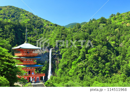 【和歌山県】快晴の青岸渡寺三重塔と那智の滝（熊野那智大社） 114511968